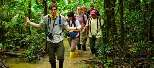 Students wade the trails in the Amazon Rainforest